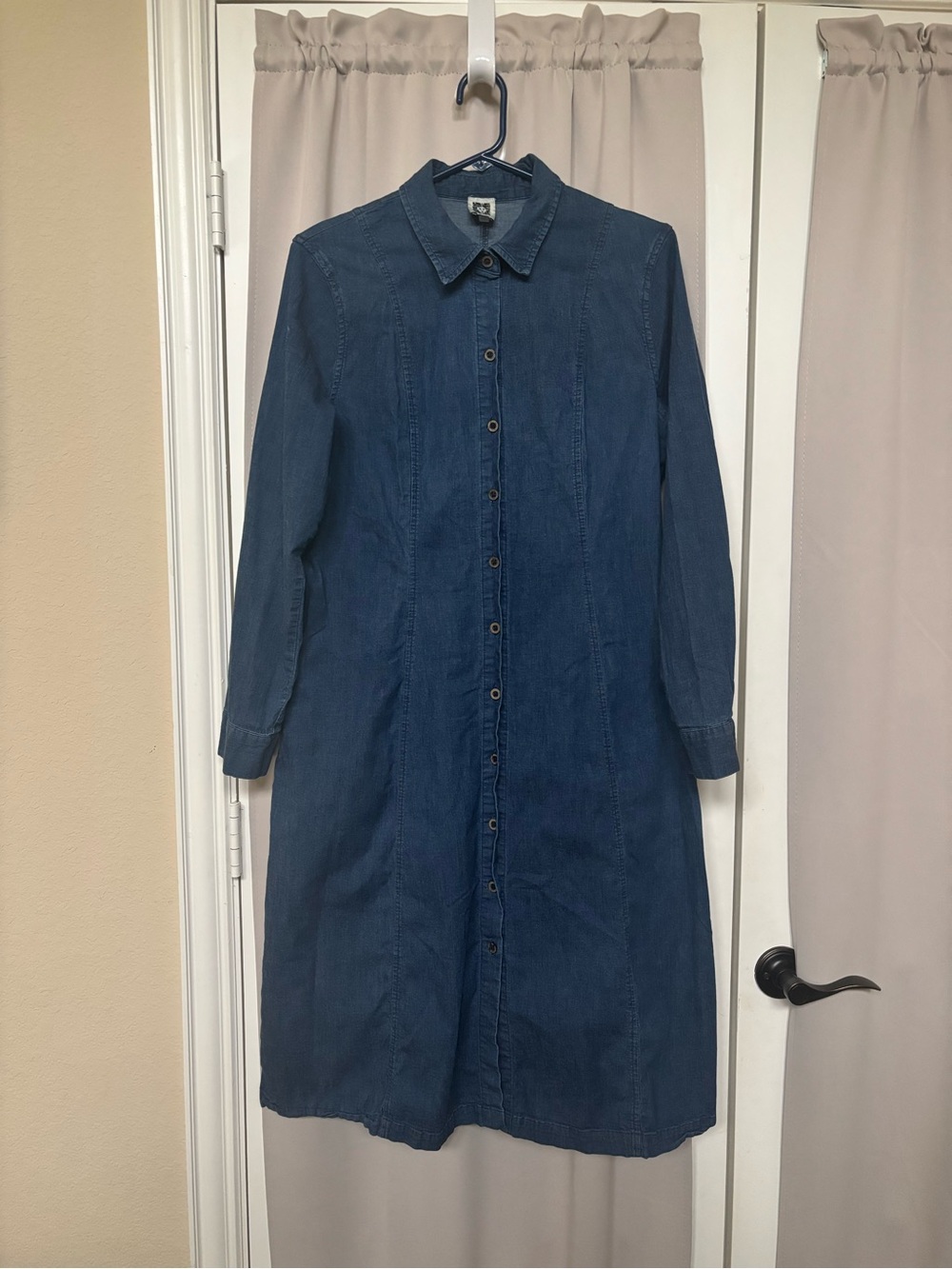 Anne Klein Dark Blue Button-Front Long Sleeve Denim Dress